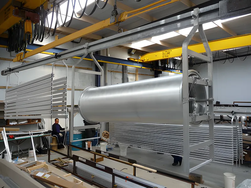 Large aluminium cylinders on jigs beside the anodising tanks