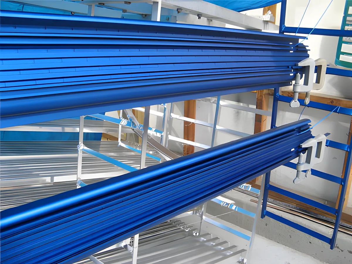 Blue anodised aluminium extrusions racked in the plant