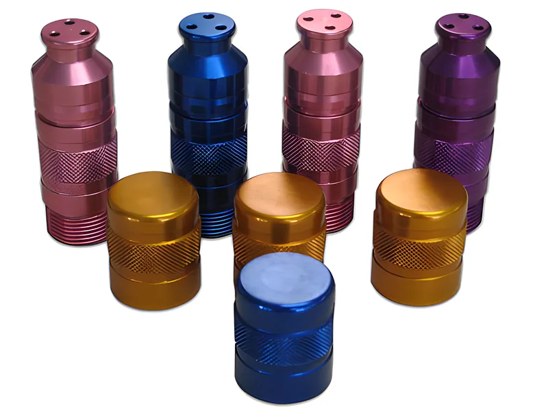 Anodised aluminium canisters in pink, blue, gold and orange dye colours