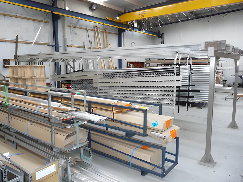 Long aluminium extrusions racked for matt anodising inside the plant